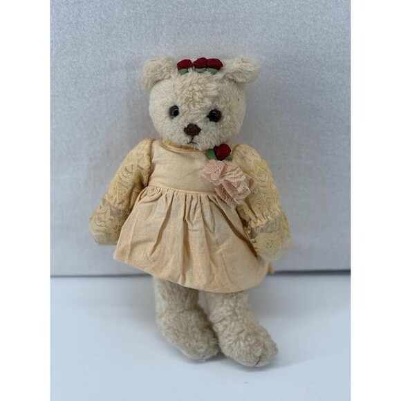 Christmas Corner Vintage White Bear 10" Lace Beige Dress with Roses - Picture 1 of 5